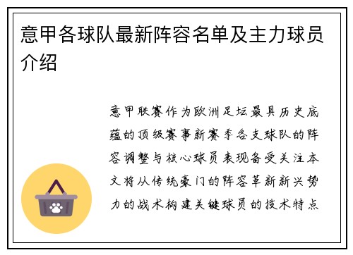 意甲各球队最新阵容名单及主力球员介绍